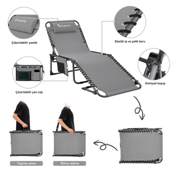 KingCamp Berlin Classic Comfort Lounge 5 Kademeli Katlanır Şezlong ve Kampet Grey