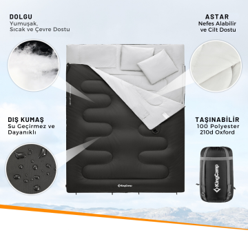 KingCamp Oxygen 250-D -3 Derece Çift Kişilik Yastıklı Uyku Tulumu Black