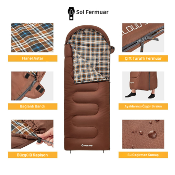 KingCamp Cloud 400 Ultra -15 Derece Geniş Uyku Tulumu Coffee Sol F.