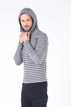 Woolona Thor Hoodie Erkek Çizgili Yarım Fermuarlı Uzun Kollu %100 Yün Termal İçlik