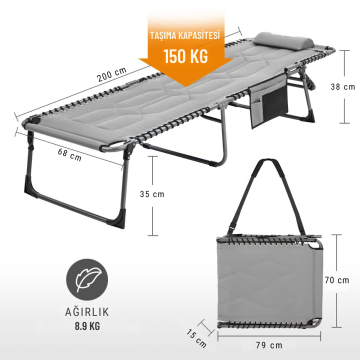 KingCamp Bavaria Cozy Premium 5 Kademeli Katlanır Şezlong Kampet Grey