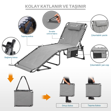 KingCamp Bavaria Cozy Premium 5 Kademeli Katlanır Şezlong Kampet Grey KC2431