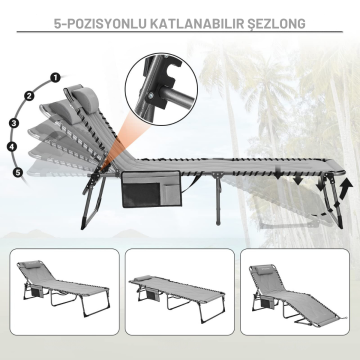 KingCamp Bavaria Cozy Premium 5 Kademeli Katlanır Şezlong Kampet Grey KC2431