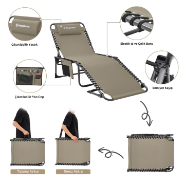 KingCamp Berlin Classic Comfort 2'li Set 5 Kademeli Katlanır Şezlong Kampet Beige