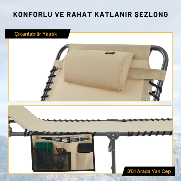KingCamp Bavaria XL 5 Kademeli Katlanır Şezlong Kampet Khaki