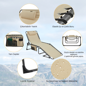 KingCamp Bavaria XL 5 Kademeli Katlanır Şezlong Kampet Khaki