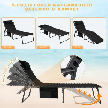 KingCamp Hamburg Cool Plus 5 Kademeli Katlanır Şilteli Şezlong Kampet Black & Grey