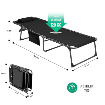 KingCamp Hamburg Cool Plus 5 Kademeli Katlanır Şilteli Şezlong Kampet Black & Grey