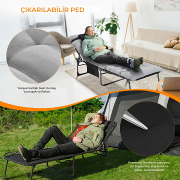 KingCamp Hamburg Cool Plus 5 Kademeli Katlanır Şilteli Şezlong Kampet Black & Grey