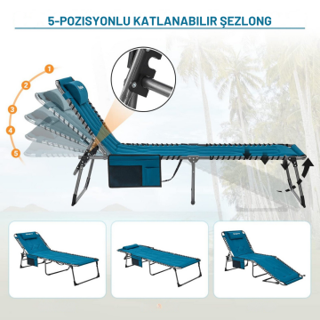 KingCamp Bavaria Cozy Premium 5 Kademeli Katlanır Şezlong Kampet Blue