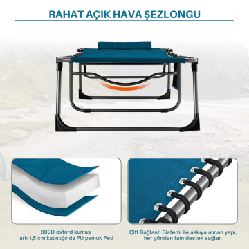 KingCamp Bavaria Cozy Premium 5 Kademeli Katlanır Şezlong Kampet Blue