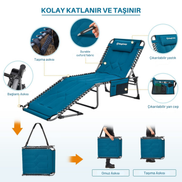 KingCamp Bavaria Cozy Premium 5 Kademeli Katlanır Şezlong Kampet Blue