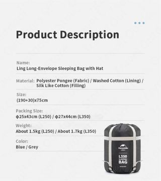 Naturehike L350 Zarf Tarzı Kapüşonlu Uyku Tulumu -15 C Mavi NH21MSD07