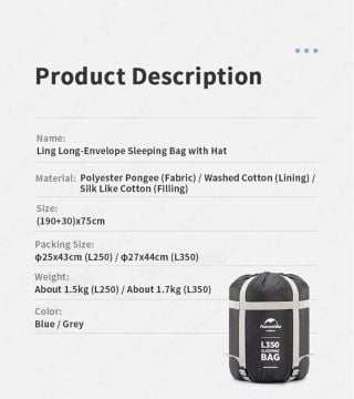 Naturehike L350 Zarf Tarzı Kapüşonlu Uyku Tulumu -15 C Mavi NH21MSD07