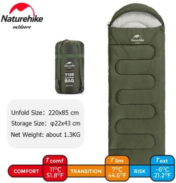 Naturehike Y150L Zarf Tarzı Kapüşonlu Pamuklu Uyku Tulumu -6°C Haki MZ