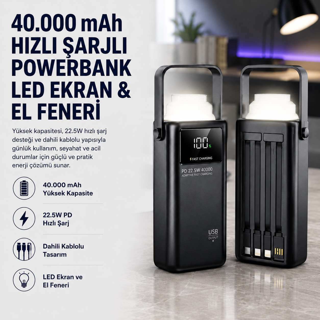 40.000mAh 22.5W PD Hızlı Şarjlı Powerbank | Dahili Çoklu Kablolu, LED Ekranlı ve El Fenerli