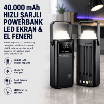 40.000mAh 22.5W PD Hızlı Şarjlı Powerbank | Dahili Çoklu Kablolu, LED Ekranlı ve El Fenerli