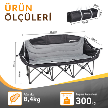 KingCamp Canna Ultra Konforlu Üç Kişilik Katlanır Kamp Sandalyesi B.Grey