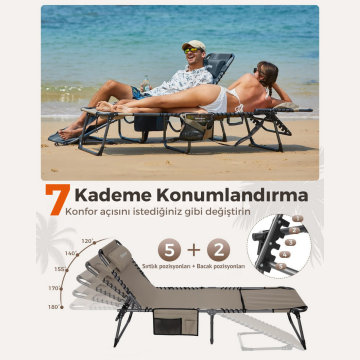 KingCamp Magnolia B10 Hands-Free Premium 7 Kademeli Katlanır Şezlong Beige