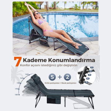 KingCamp Magnolia B10 Plus Hands-Free Premium 7 Kademeli Katlanır Şezlong Blue/Grey