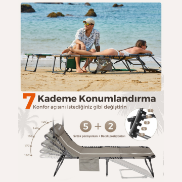 KingCamp Magnolia B10 Plus Hands-Free Premium 7 Kademeli Katlanır Şezlong Grey/White