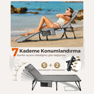 KingCamp Magnolia B20 Premium 7 Kademeli Katlanır Dolgulu Şezlong Grey