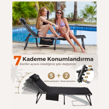 KingCamp Magnolia B20 Premium 7 Kademeli Katlanır Dolgulu Şezlong Black