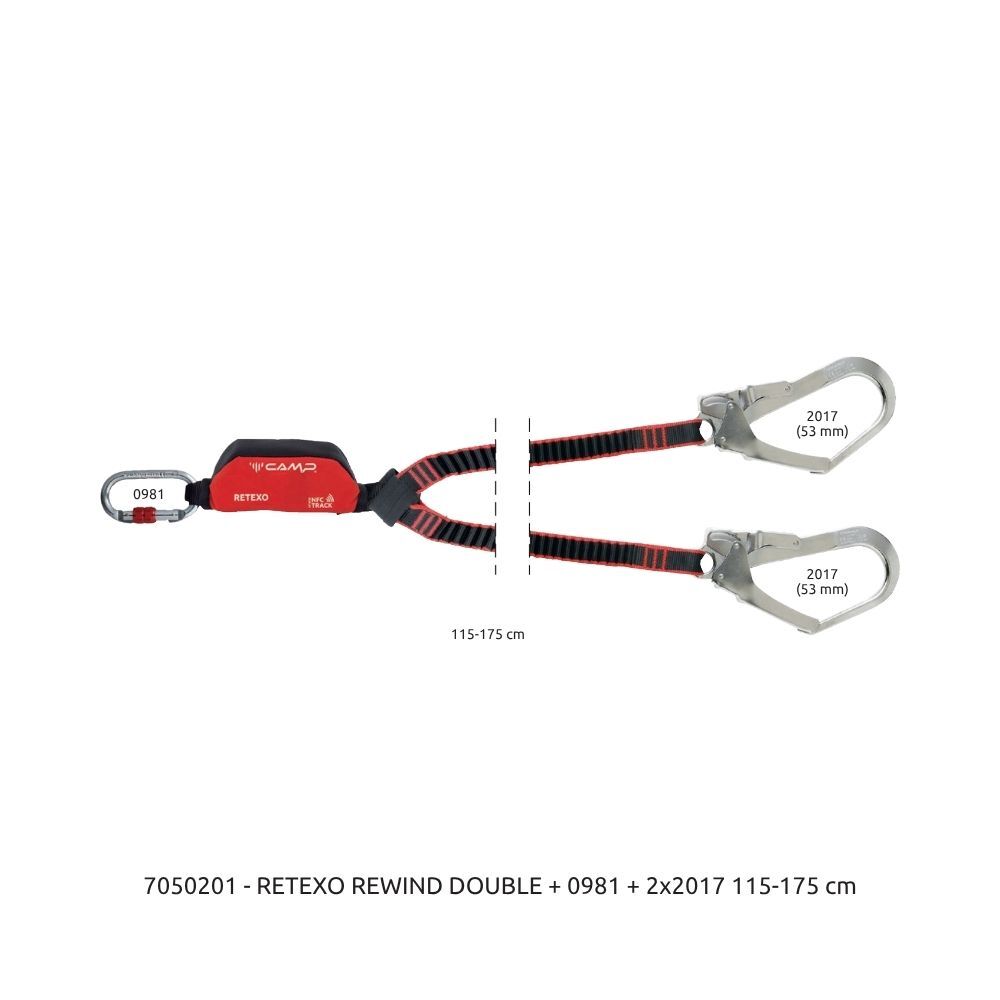 Camp Retexo Geri Sarımlı Şok Emicili Lanyard Rewind Double 115 - 175 cm 0981E + 2x2017 Bağlantı Konfigürasyonu EN 355