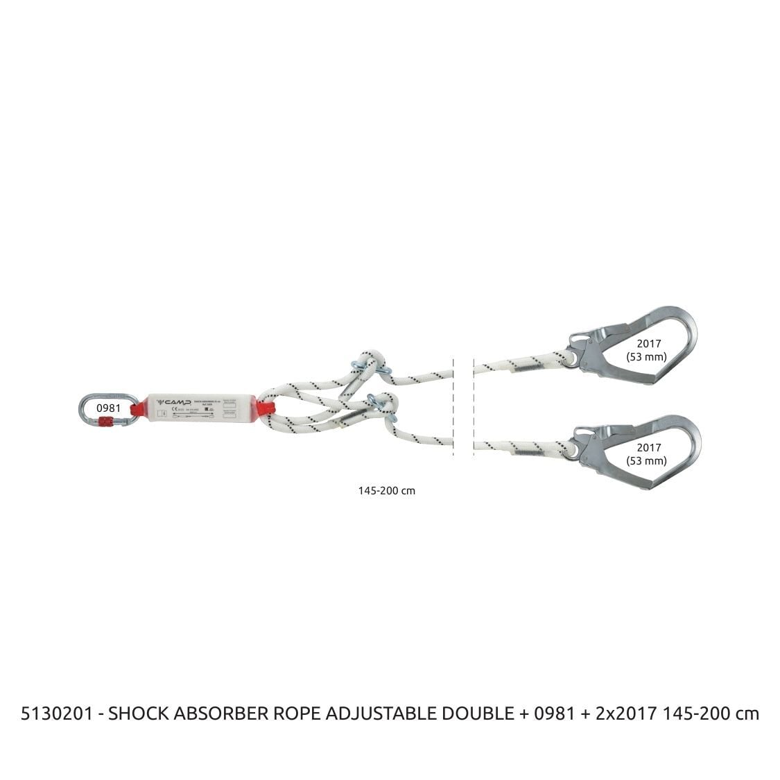 Camp Ayarlanabilir Şok Emicili Lanyard Shock Absorber Rope Adjustable Double 145 - 200 cm 0981E + 2x2017 Bağlantı Konfigürasyonu EN 355